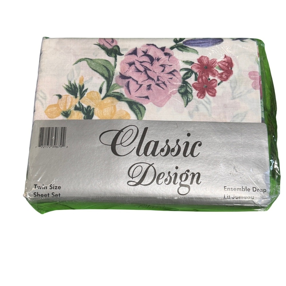 Classic‎ Design Twin Size Sheet Set Floral Pink Yellow Purple White Vintage NOS